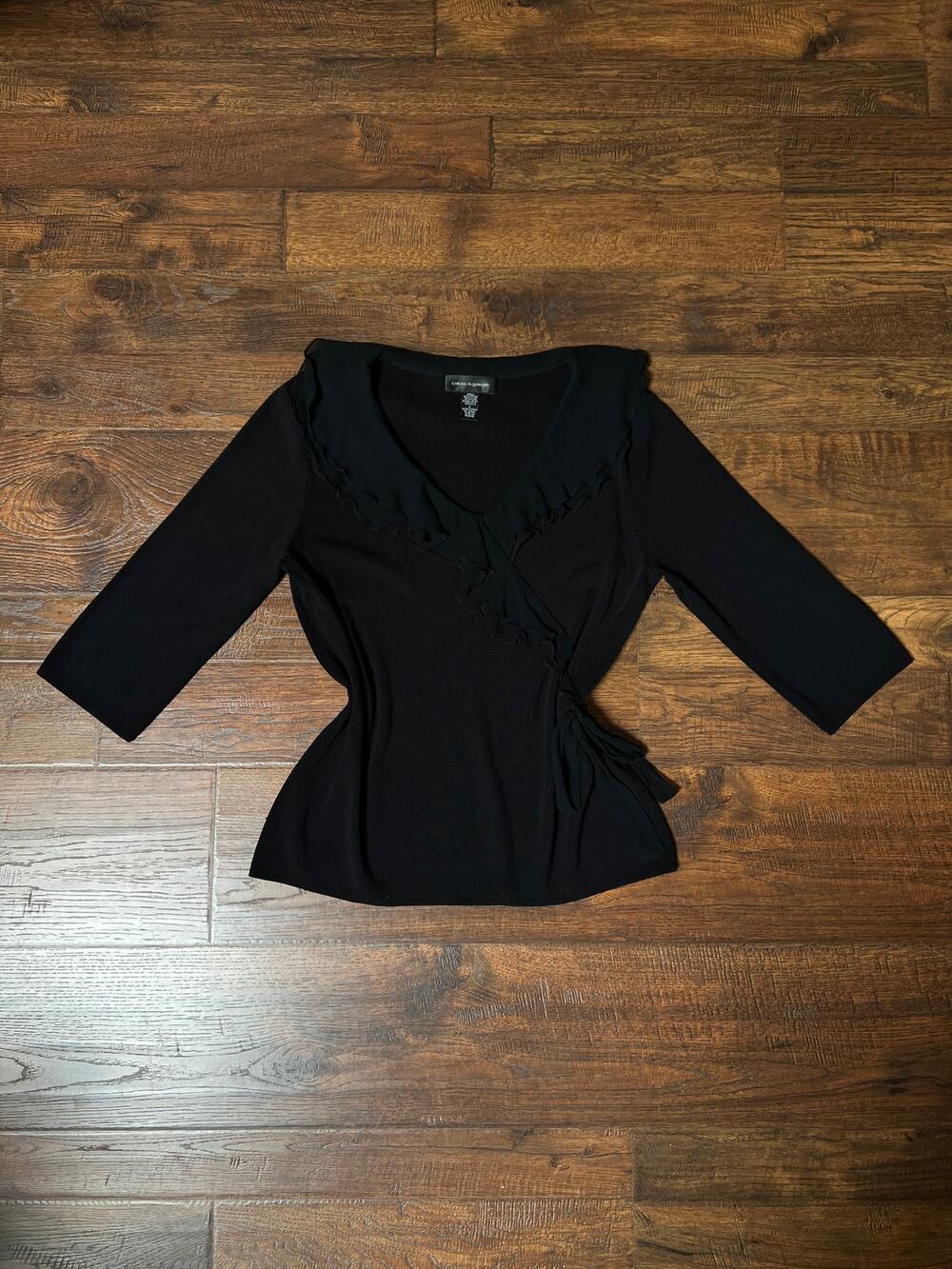 Vintage Y2K Cable & Gauge Knit Blouse - Black Ruffle Trim Wrap - Size Large